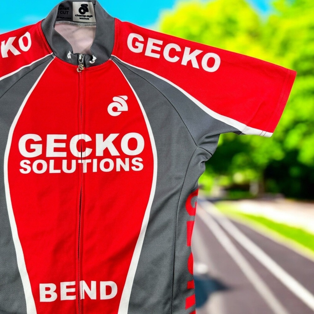 Champ Sys Jersey Men M Red‎ Gecko Graphic Cycling Bike Ride Zip Short Sleeve Top
